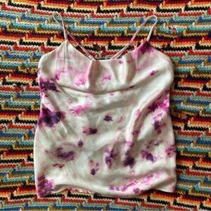 Bardot Silk style Purple White Tie Dye Cowl Neck Adjustable Tank Top